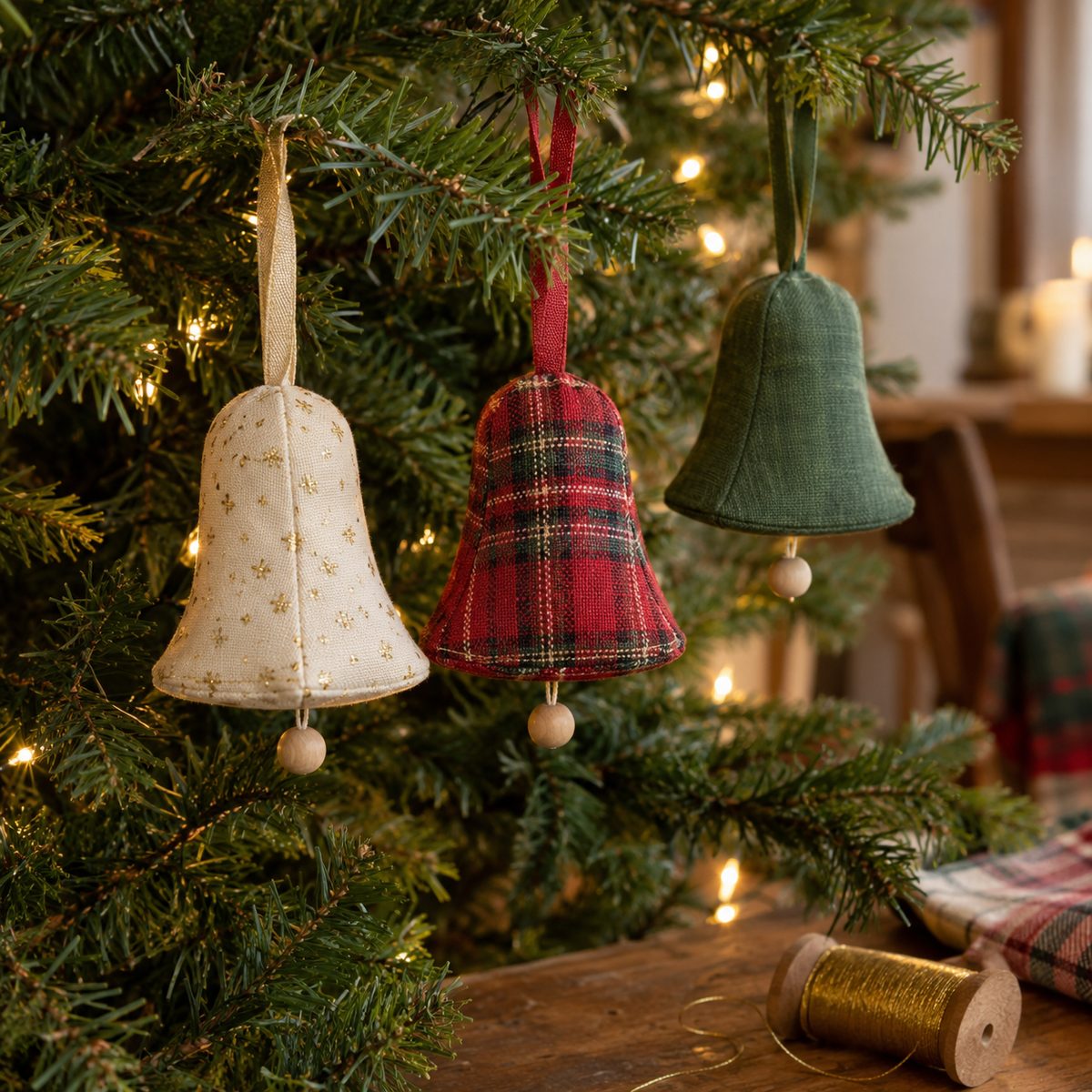 Stuffed fabric bell ornaments with bead clappers hanging on a tree