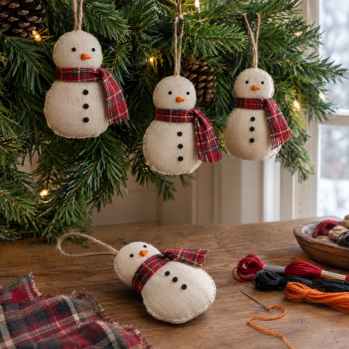 Stuffed linen snowman ornaments with embroidered faces and plaid scarves