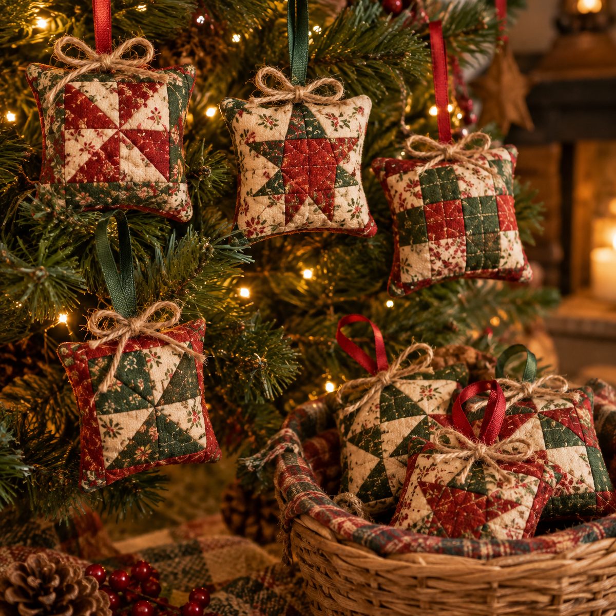 Tiny quilted pillow ornaments made from leftover patchwork blocks