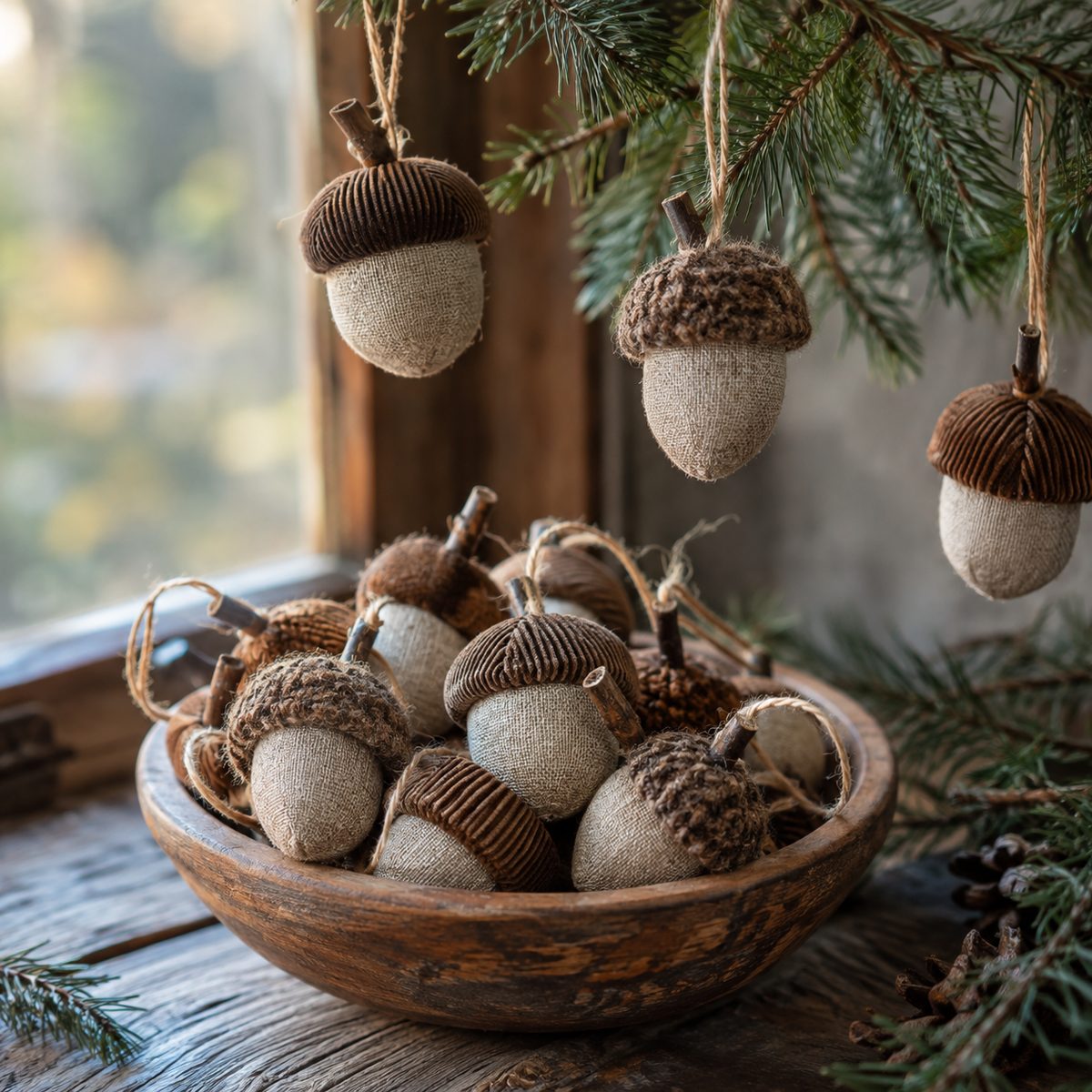 Fabric acorn ornaments with corduroy caps and twig stems in a wooden bowl