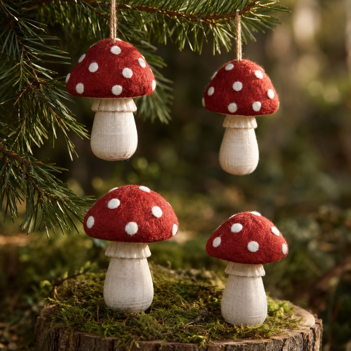 Fabric toadstool mushroom ornaments with red spotted caps