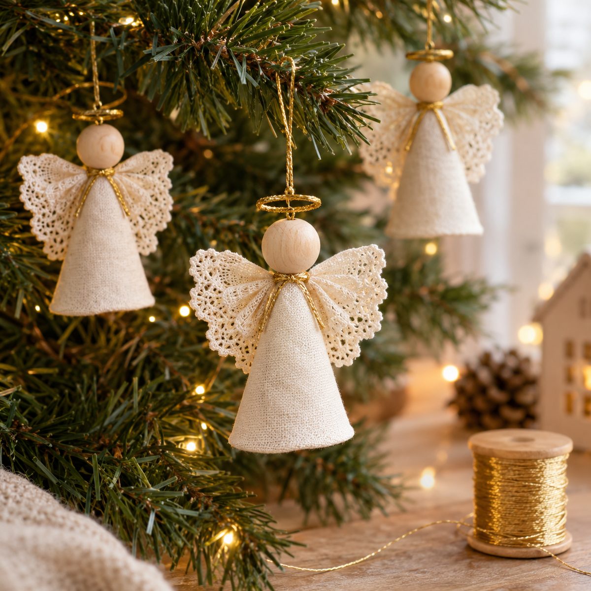 Linen cone angel ornaments with lace wings and wooden bead heads