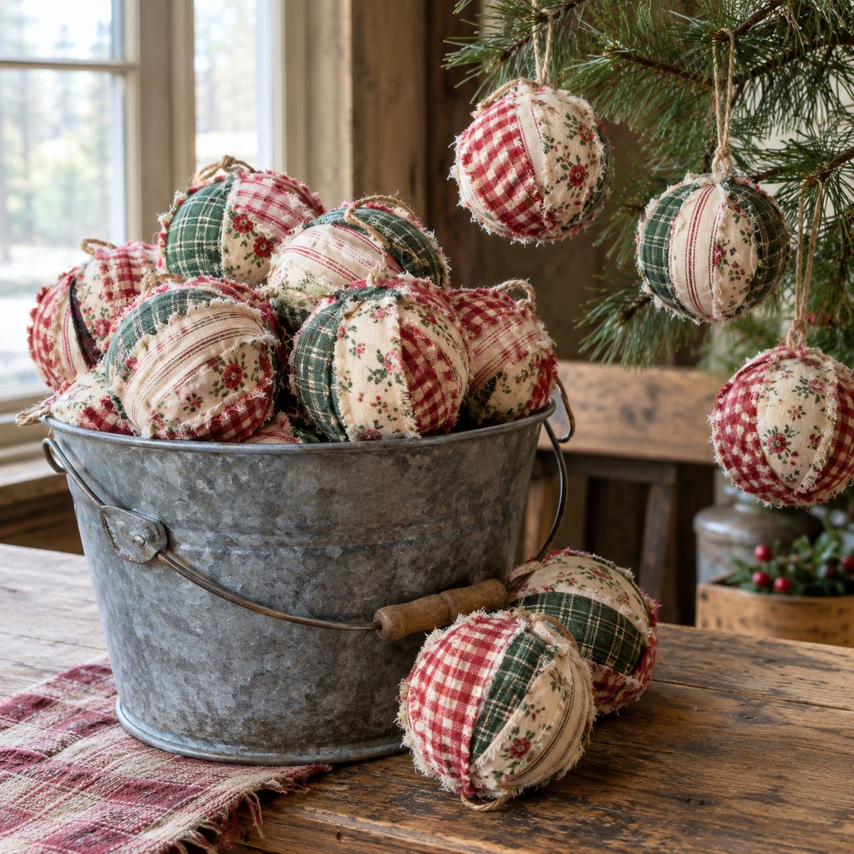 Rag ball ornaments wrapped in torn fabric strips in a galvanized bucket