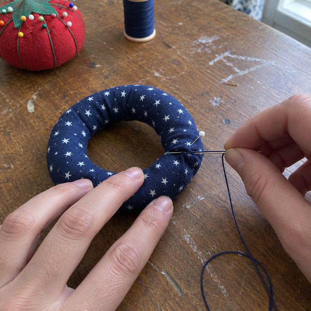 Hand ladder stitching the ends of a stuffed navy star print tube into a ring