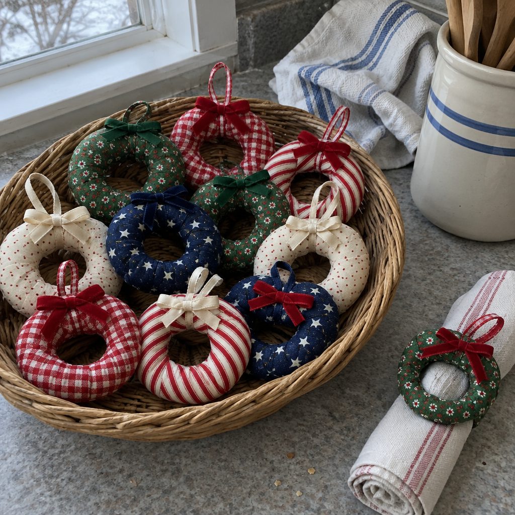 Basket of finished mini fabric wreath ornaments in mixed Christmas prints with one used as a napkin ring