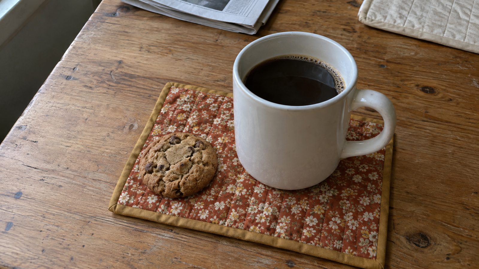 Finished quilted mug rug in orange floral print with a coffee mug and cookie on it