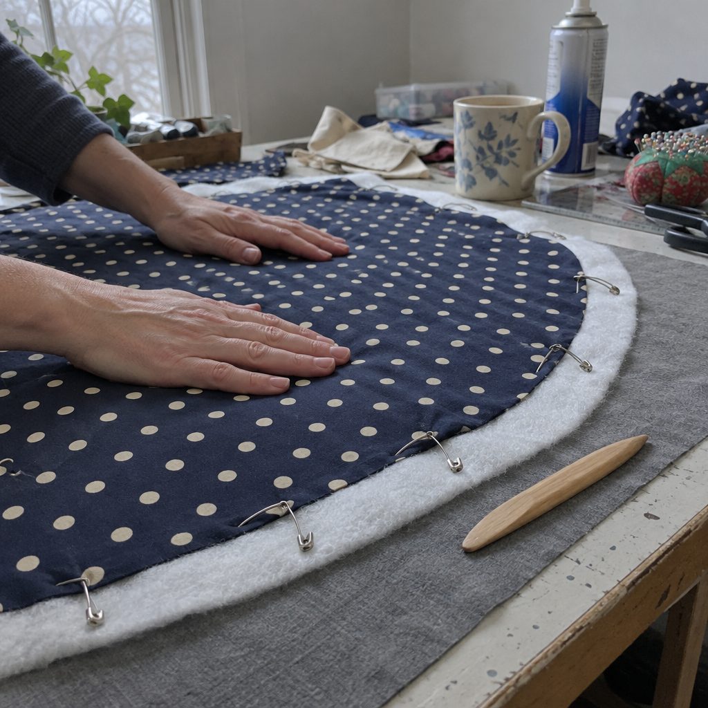 Hands basting the top, batting and backing of a mug rug with safety pins
