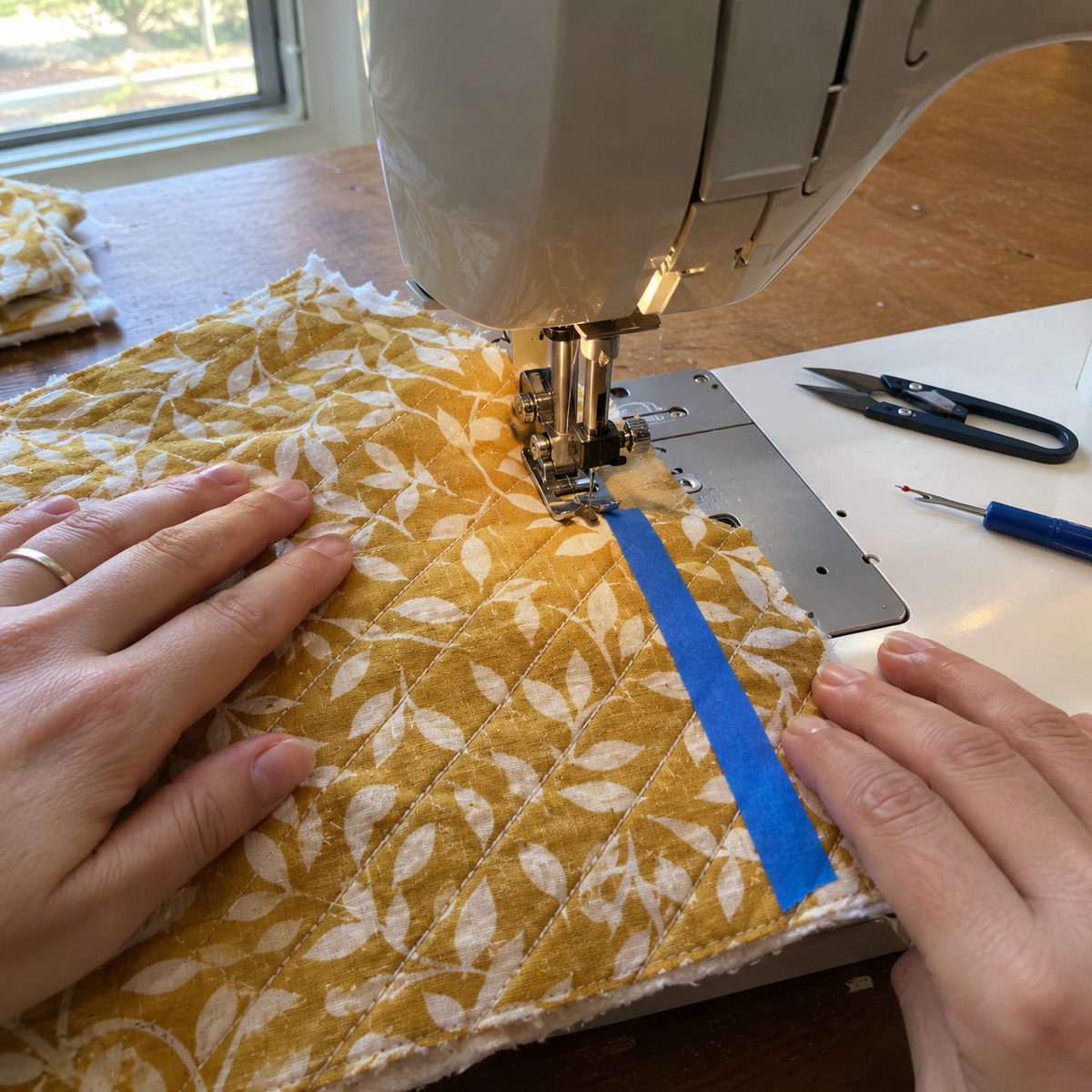 Straight-line quilting a mug rug on a home sewing machine with painter's tape as a guide