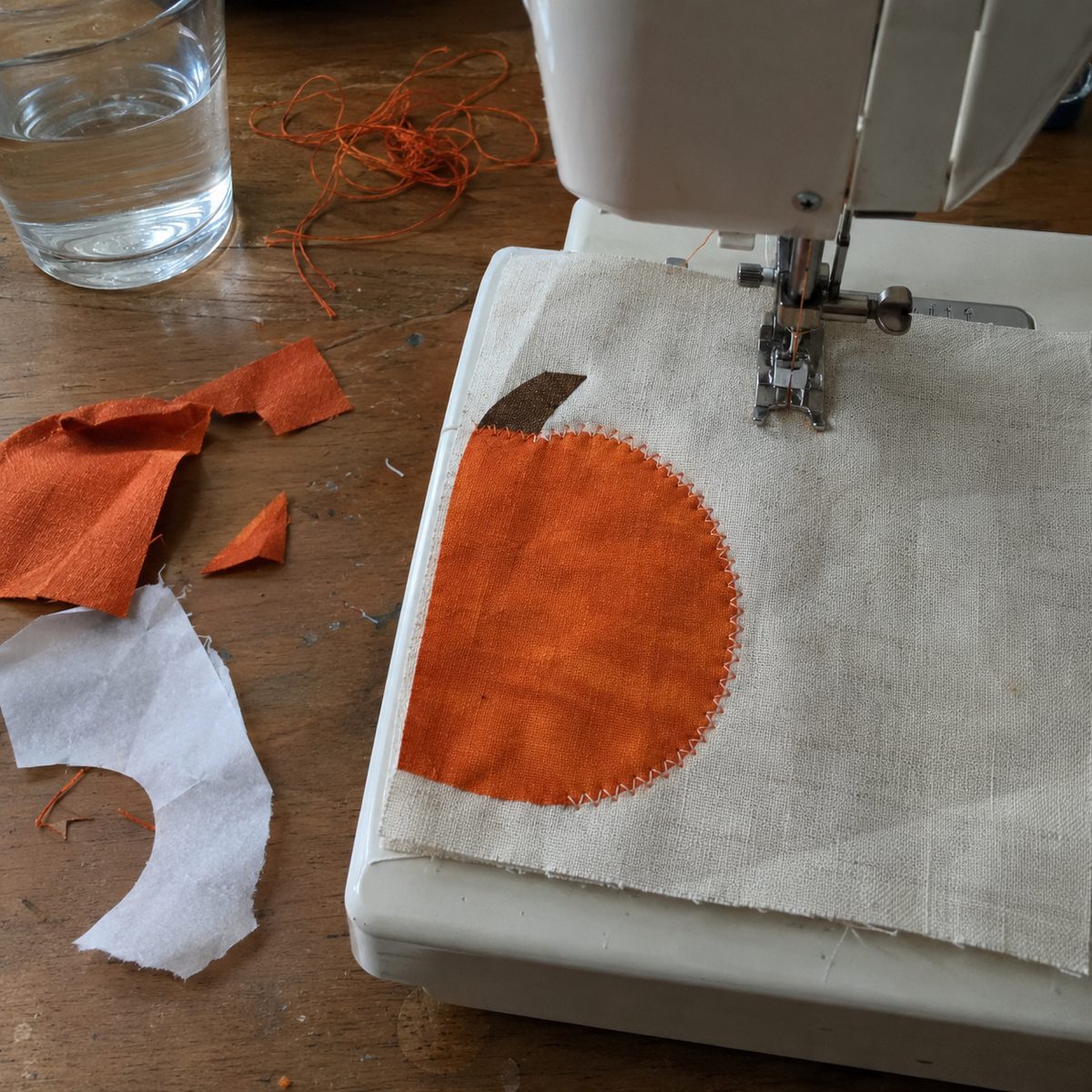 Pumpkin appliqué being zigzag stitched onto a cream mug rug top