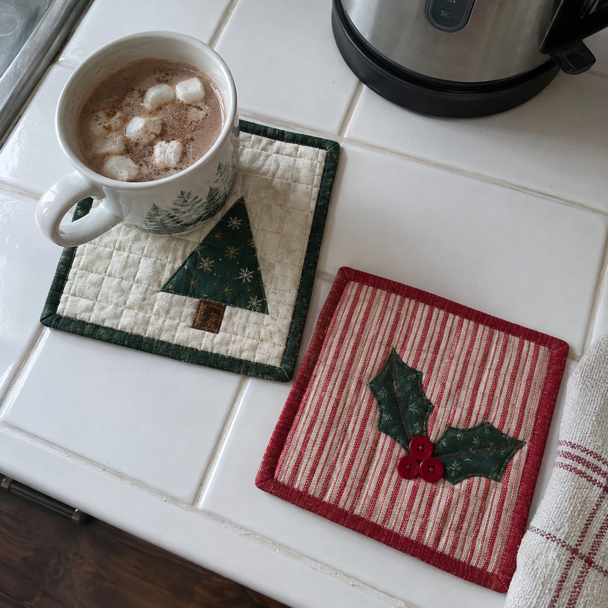 Two Christmas mug rugs, one with a tree appliqué and one with holly, on a kitchen counter