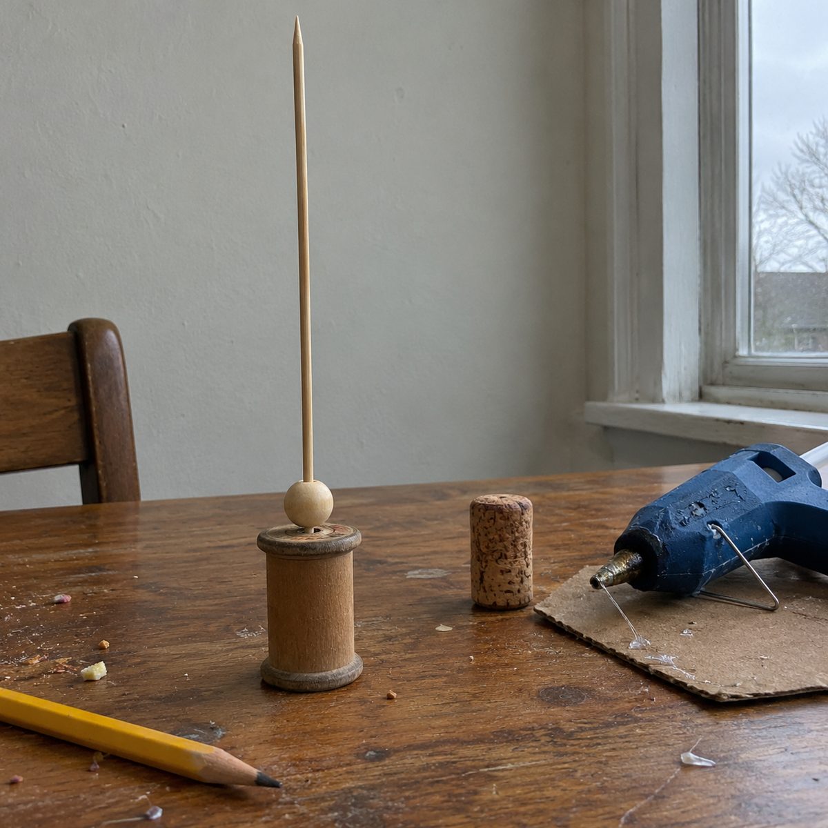 Bamboo skewer glued upright into a wooden thread spool with one wooden bead on it, ready for stacking the yo-yo tree