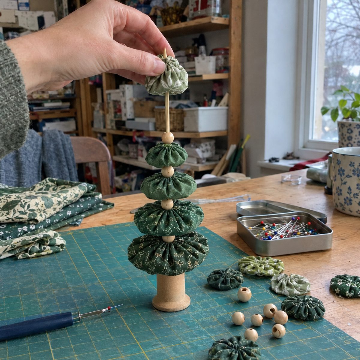A half-stacked yo-yo tree with a hand sliding the next green yo-yo onto the skewer, beads between each layer