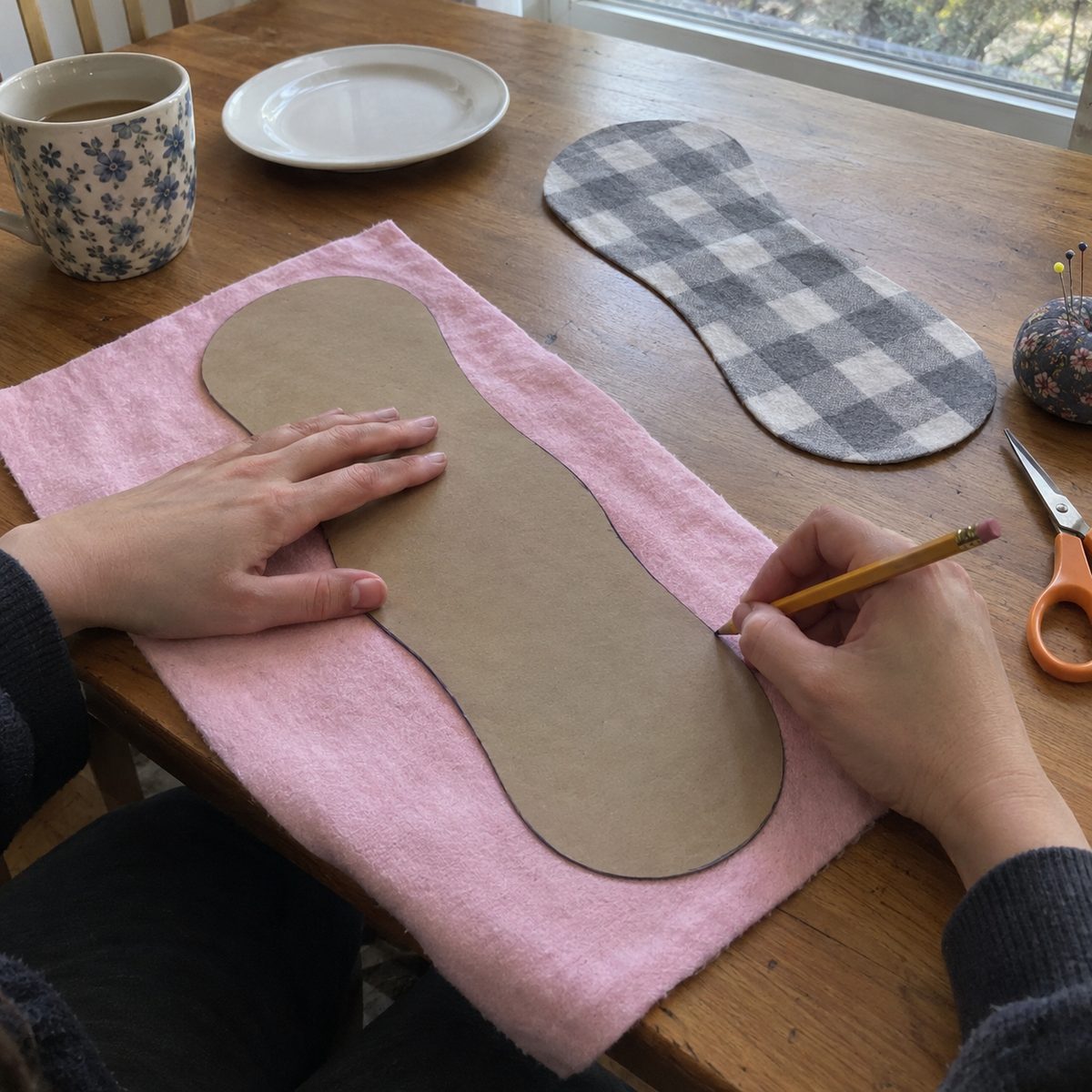 Hands tracing a cardboard contoured burp cloth template onto pink flannel with a mug and plate nearby