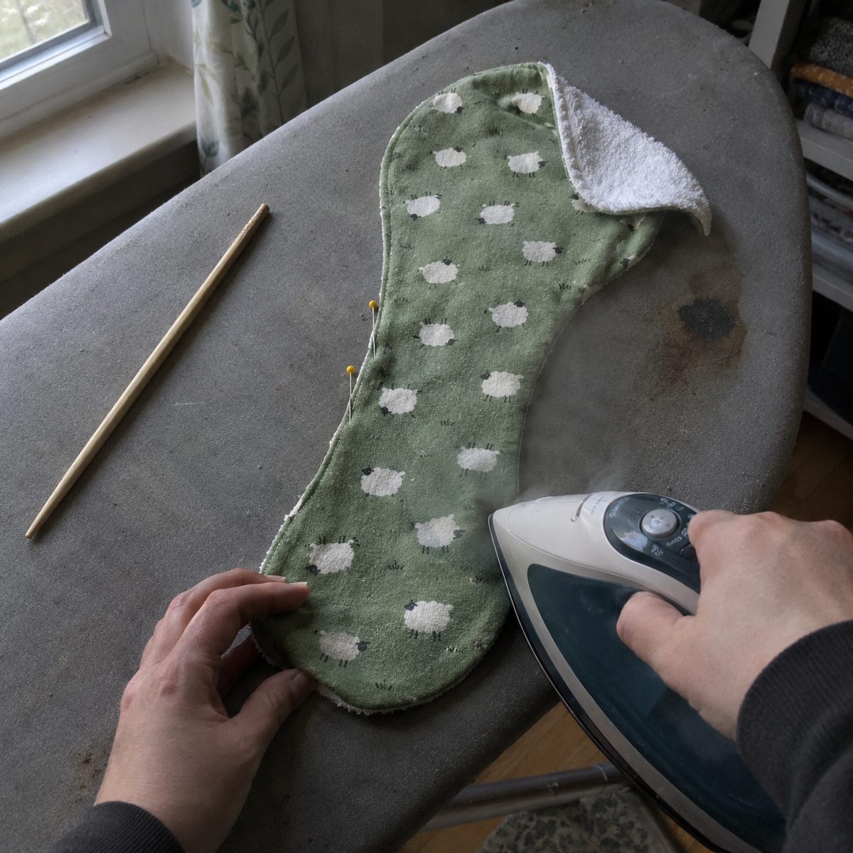 Pressing a turned green sheep-print burp cloth on an ironing board with the gap pinned closed