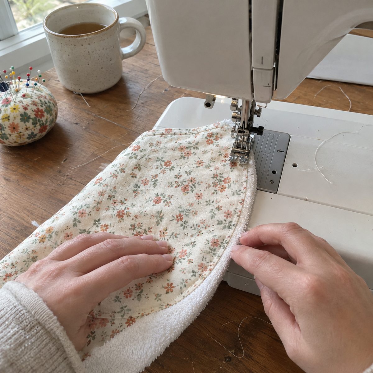 Topstitching a quarter inch from the edge around the curved end of a floral flannel burp cloth