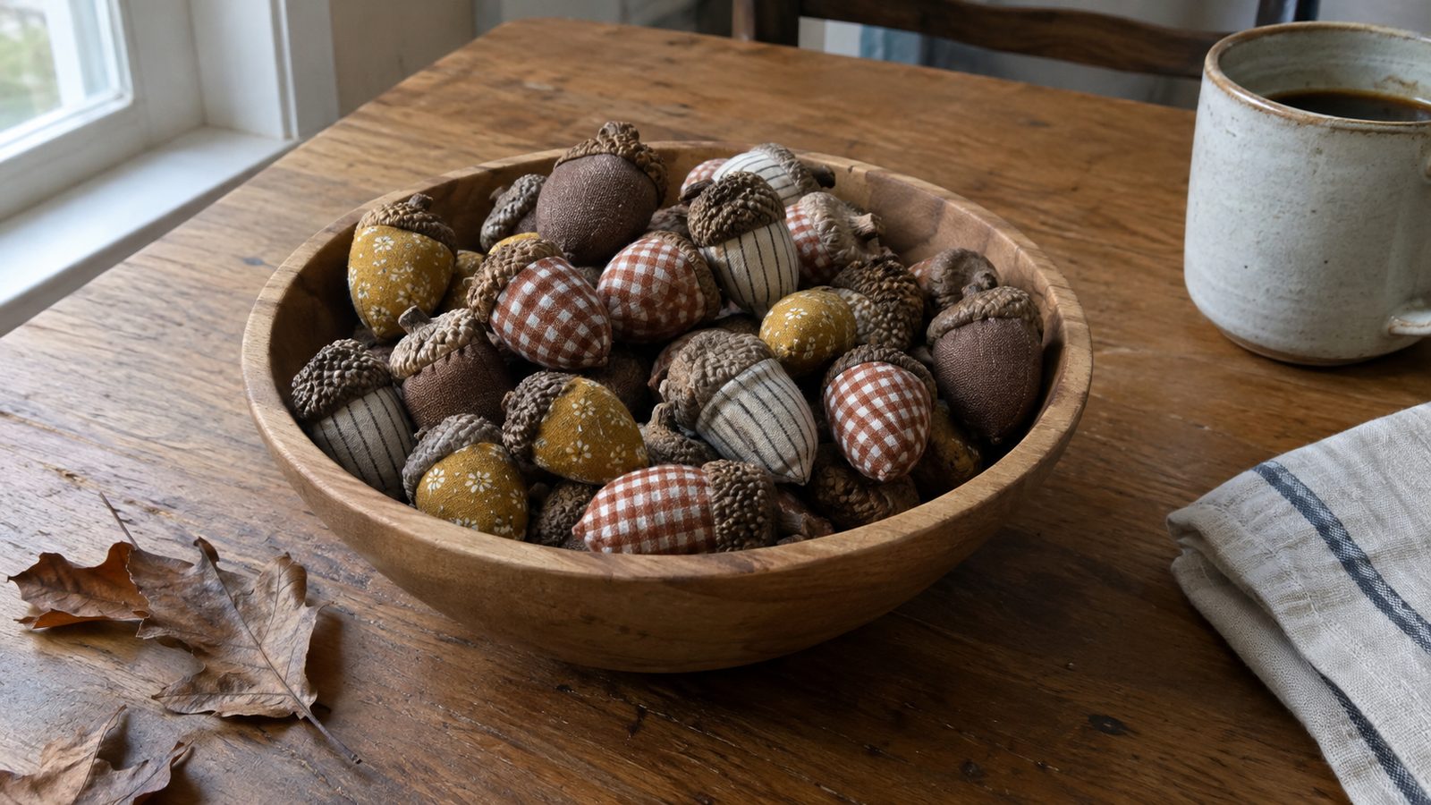 Wooden bowl full of hand-sewn fabric acorns with real acorn caps on a kitchen table