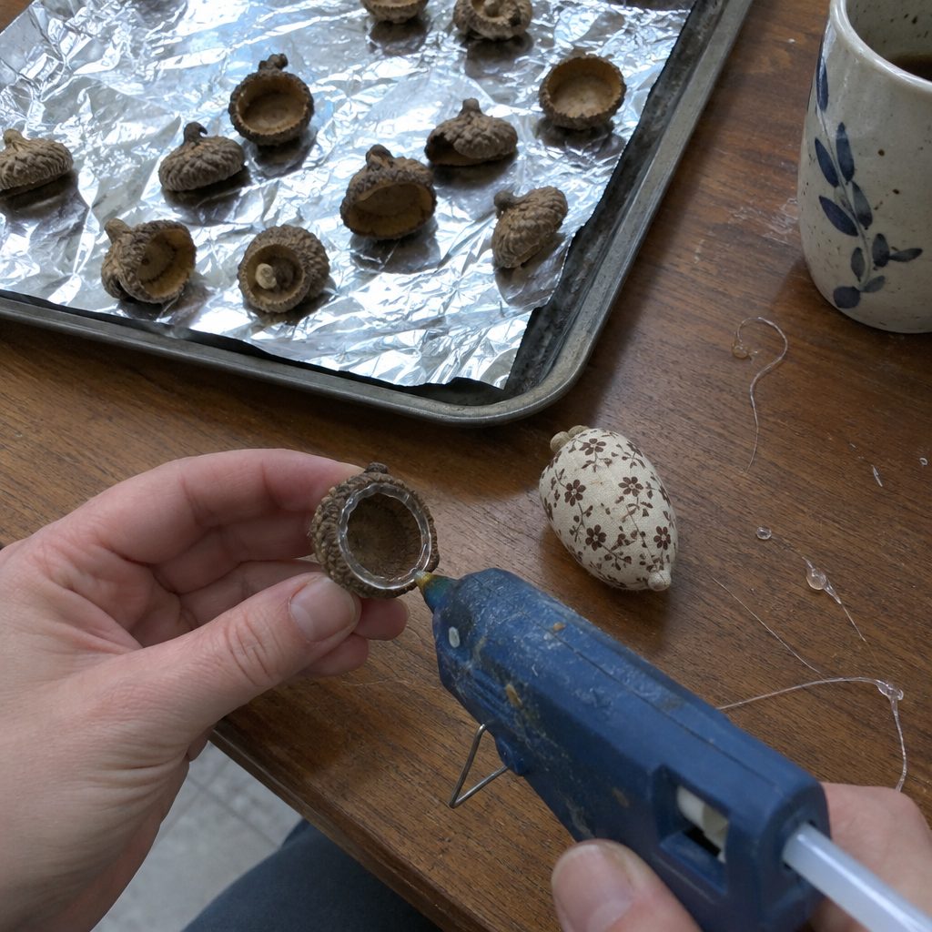 Gluing a real acorn cap onto a fabric acorn body with hot glue around the cap rim
