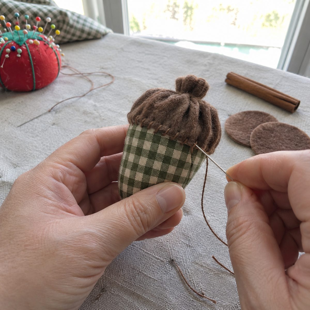 Hand stitching a brown felt cap onto a green gingham fabric acorn