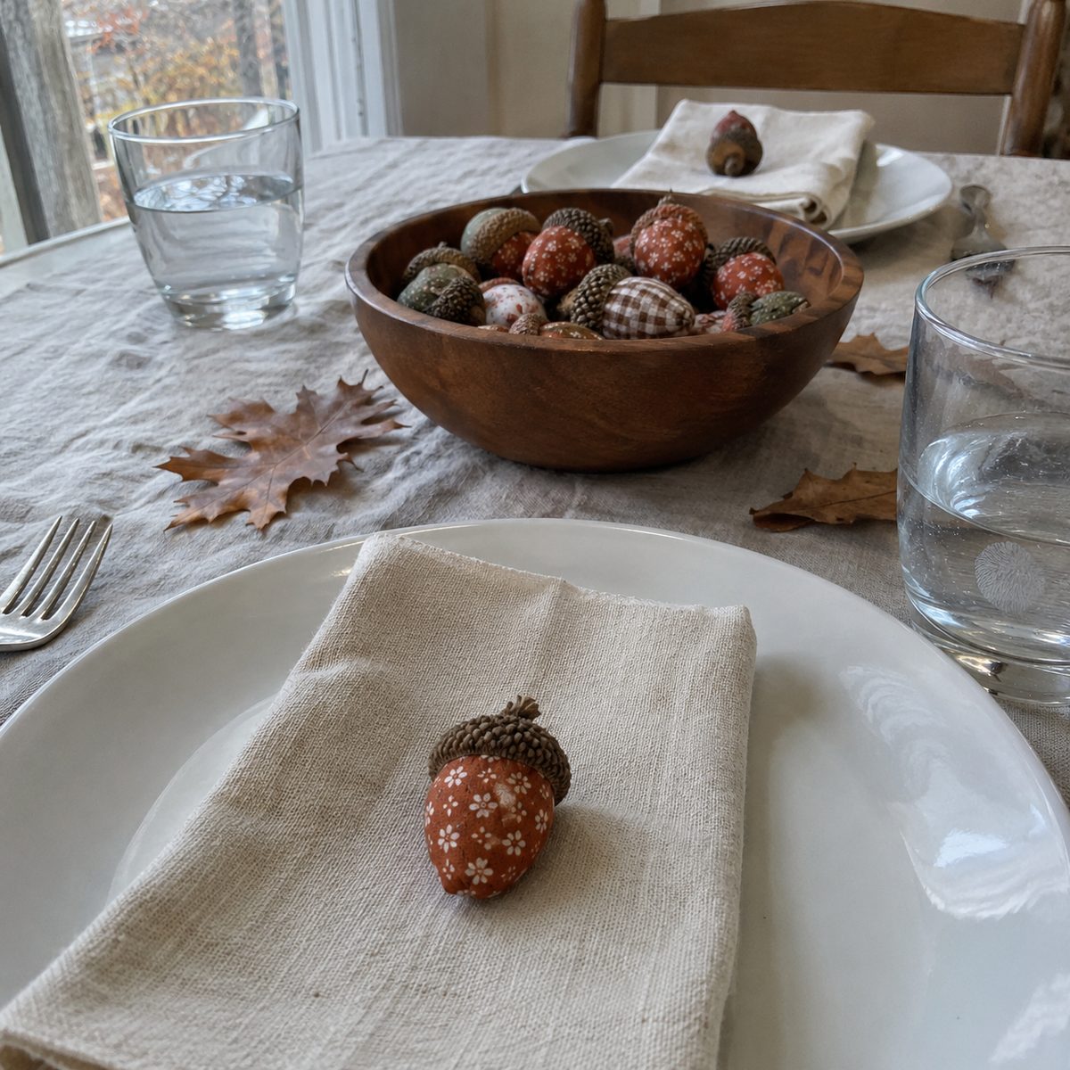 Small fabric acorn sitting on a folded napkin at a Thanksgiving place setting