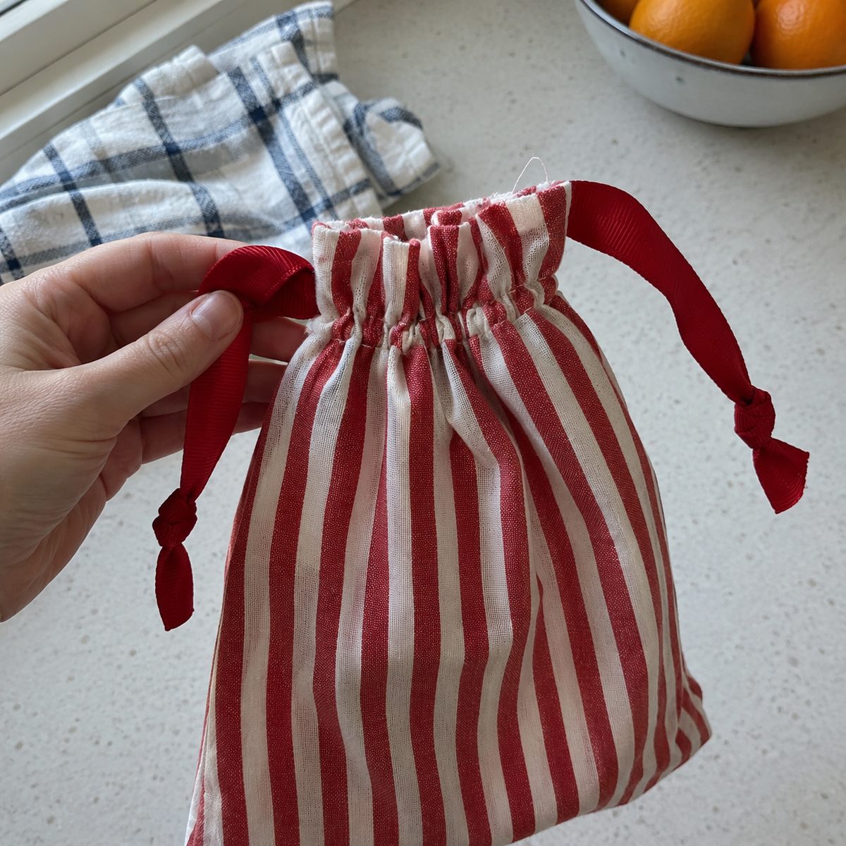 Close-up of the double-pull ribbon knots on a cinched fabric gift bag