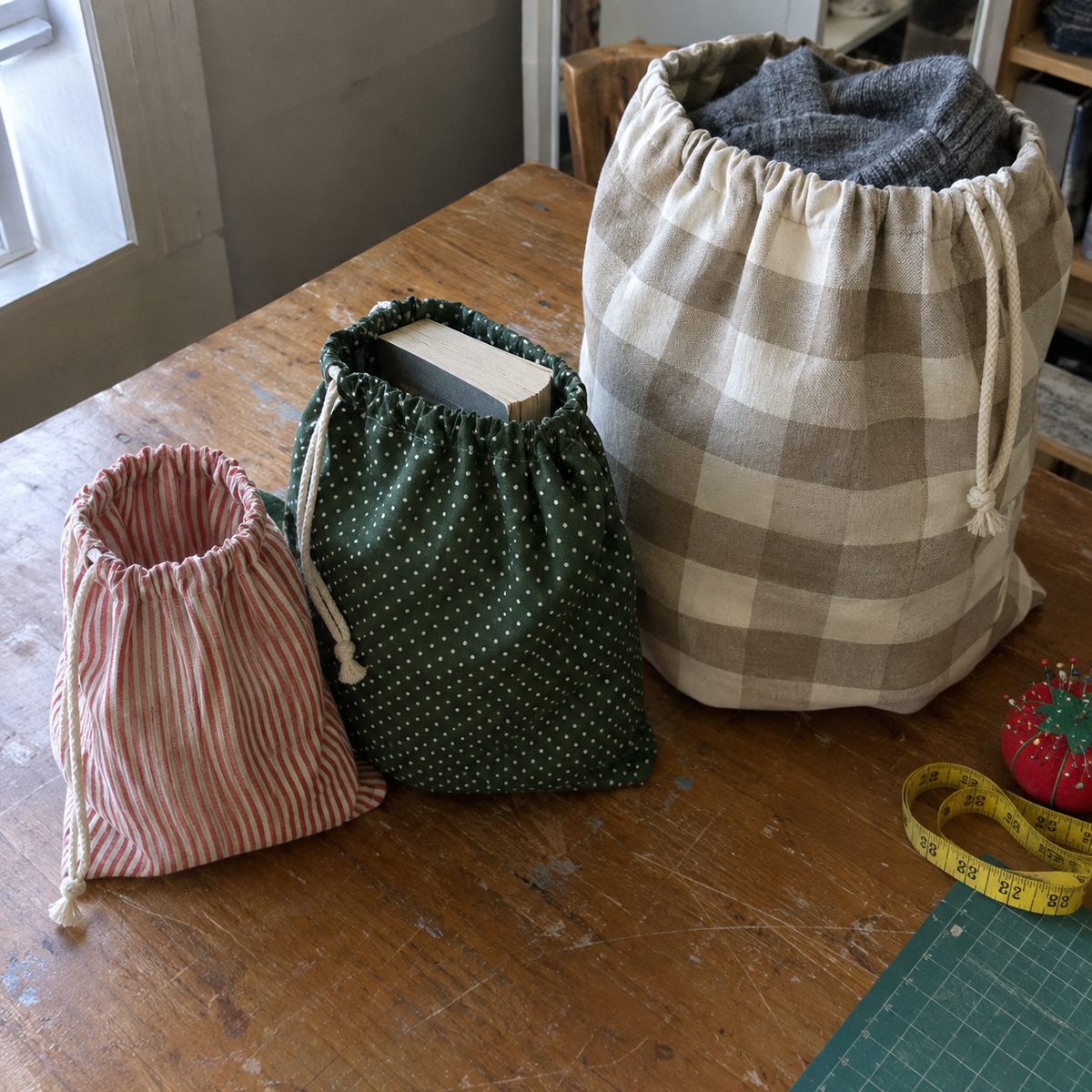 Three finished fabric gift bags in small, medium and large sizes standing open with gifts inside