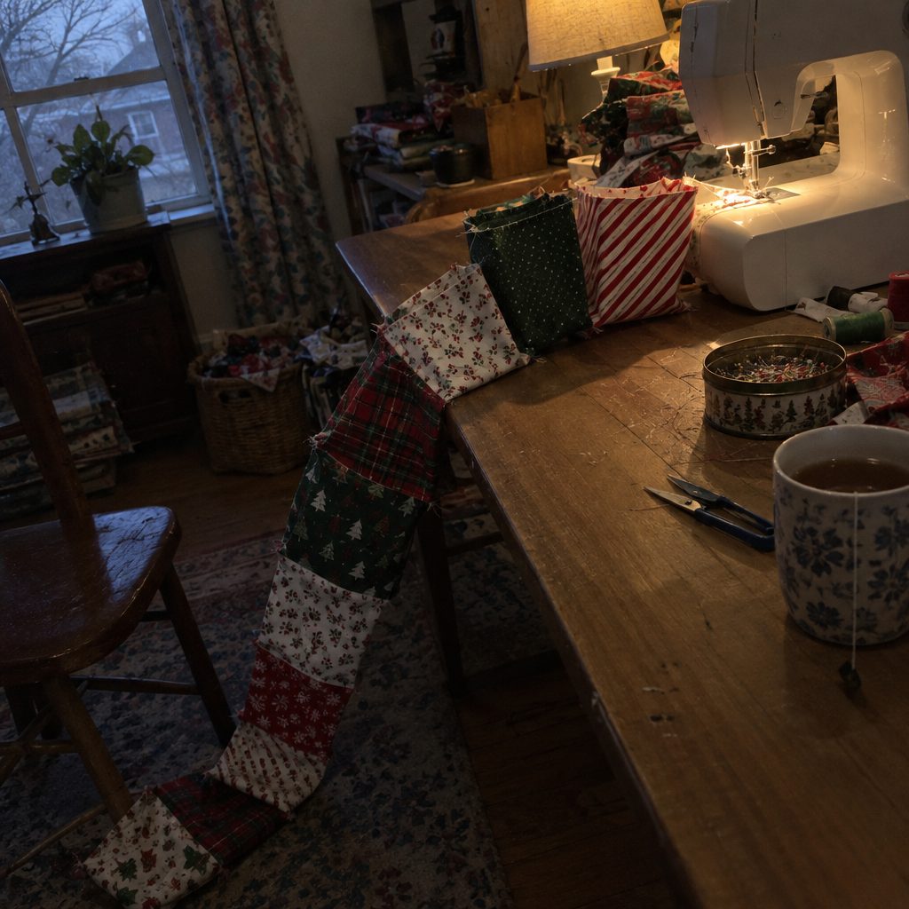 Ten fabric gift bags chain pieced in a row behind a sewing machine during a batch session