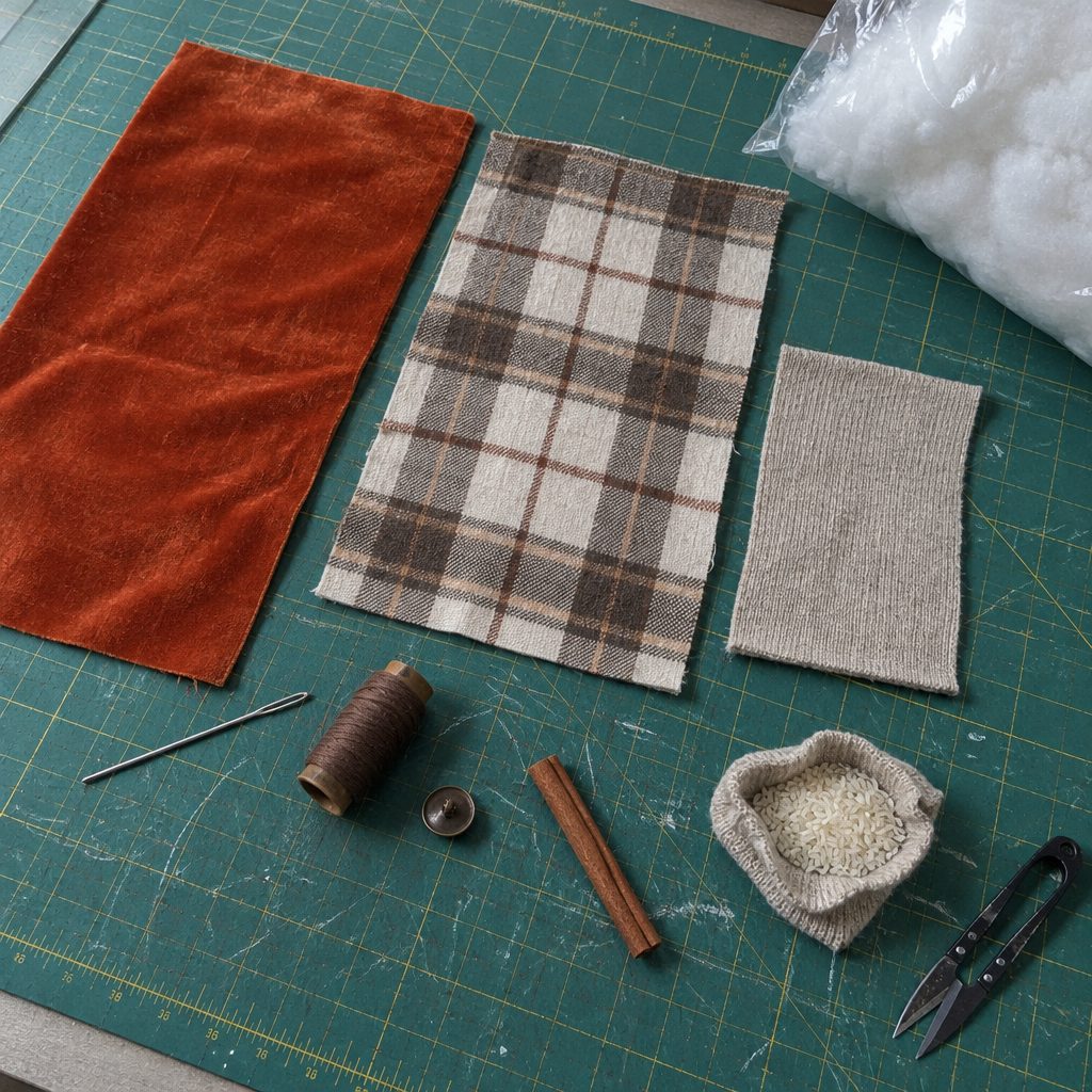 Velvet, flannel and sweater rectangles cut for fabric pumpkins with doll needle, thread and stem supplies