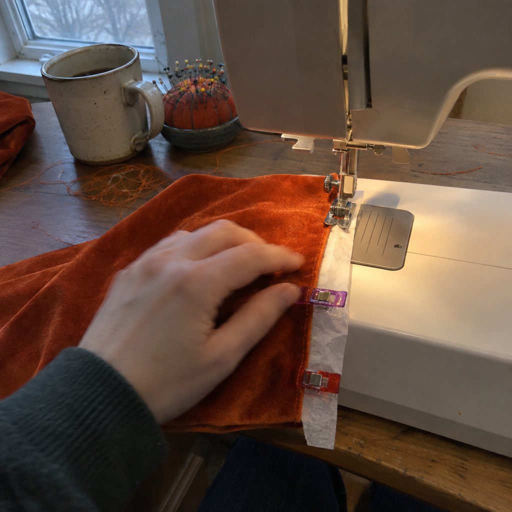 Sewing the short side seam of a velvet fabric pumpkin tube with tissue paper under the presser foot