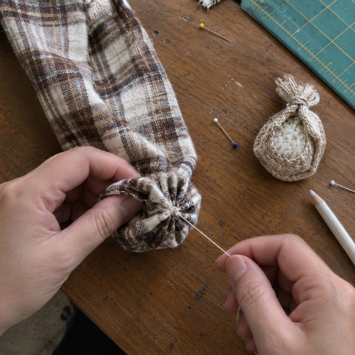 Gathering the bottom of a flannel fabric pumpkin closed with the rice weight pouch beside it
