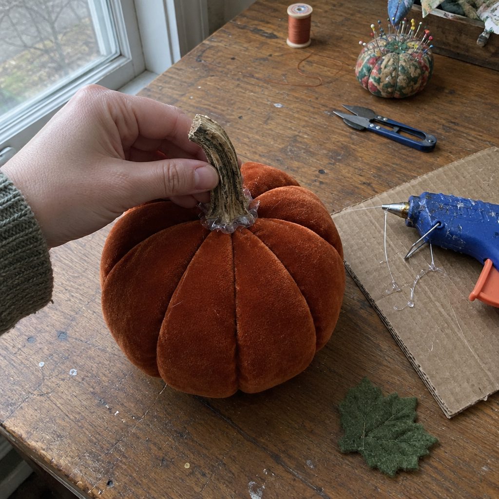 Hot gluing a real dried stem onto the top of a velvet fabric pumpkin