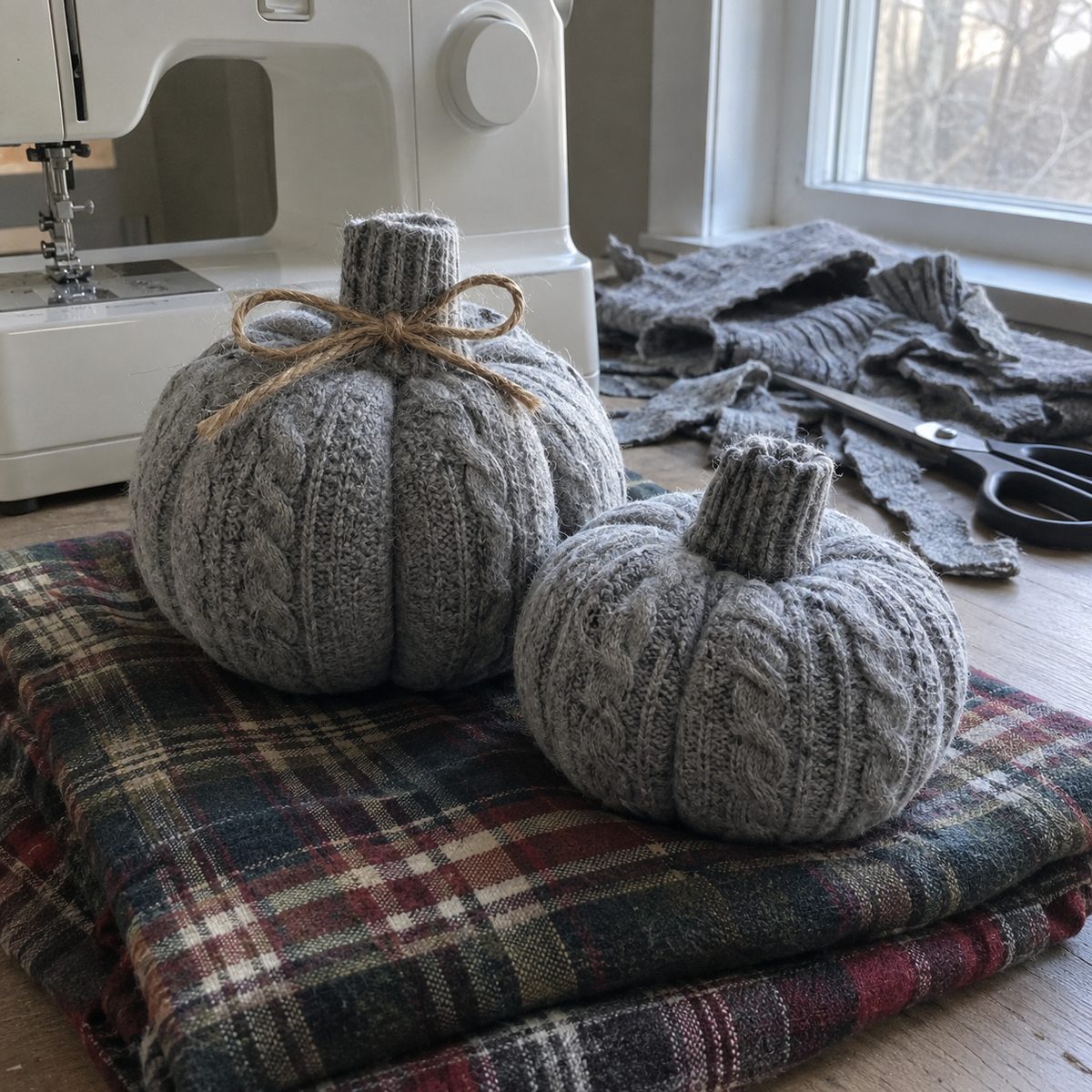 Two sweater-knit fabric pumpkins with ribbed stems and a jute bow sitting on folded flannel