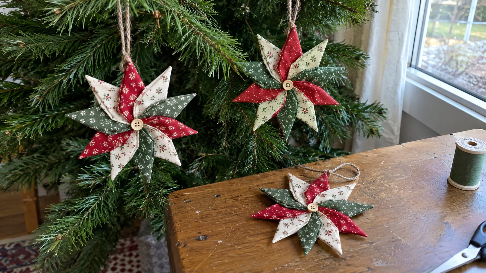 Three folded fabric star ornaments in red, green, and white cotton hanging on a Christmas tree