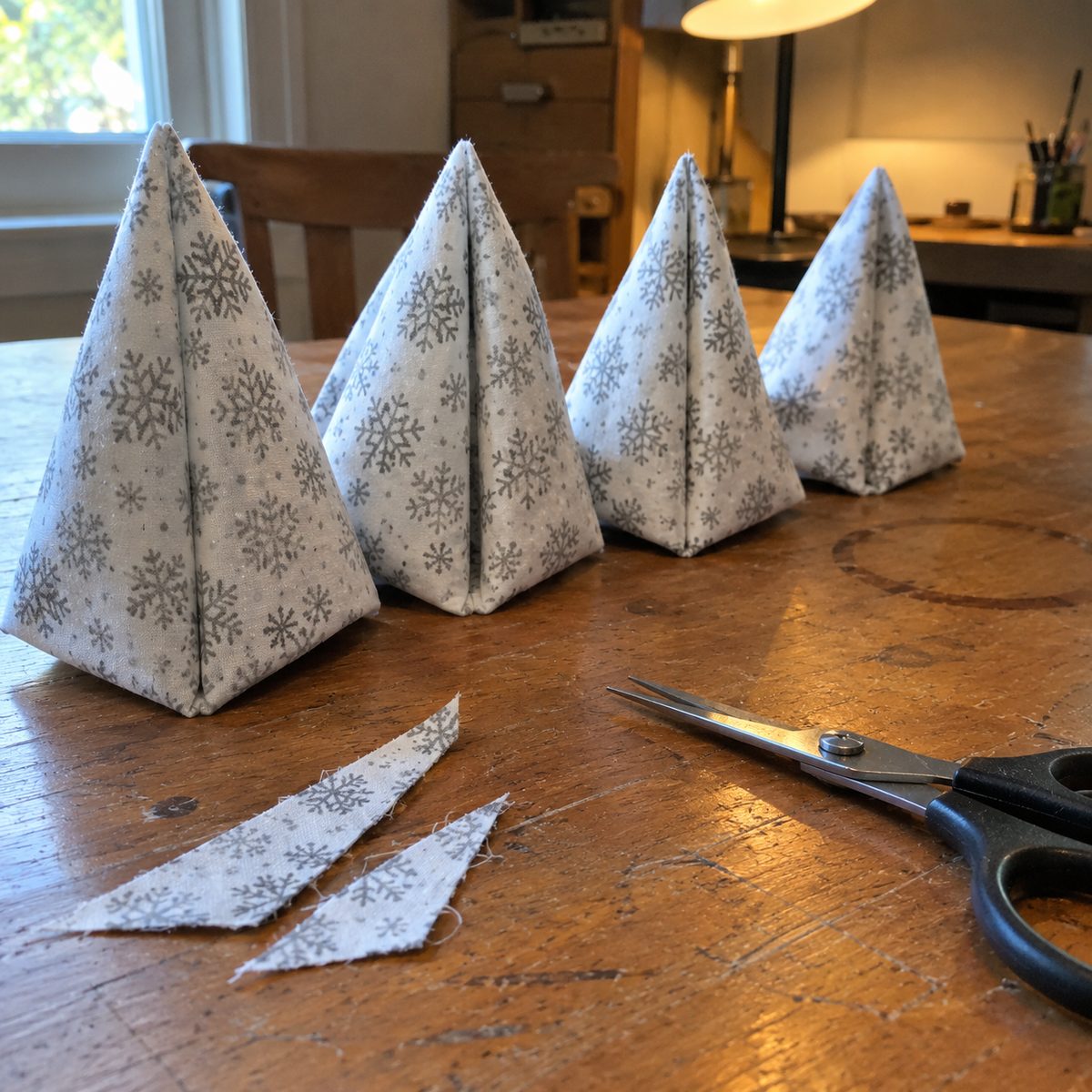 Close-up of four starched folded cotton points standing in a row showing the sharp center fold