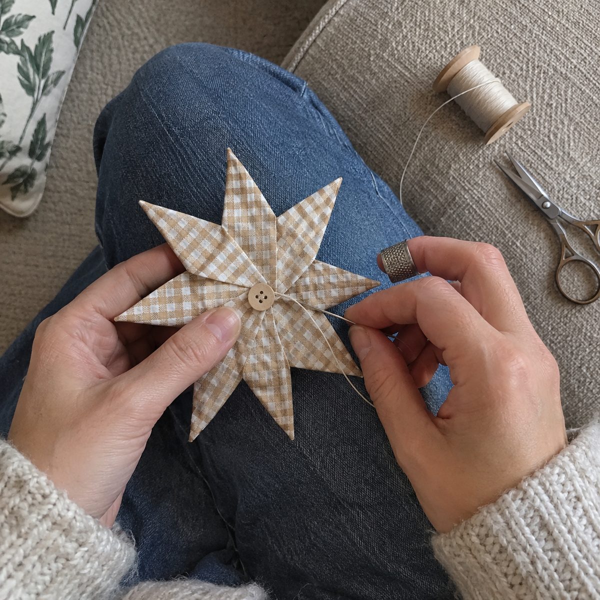 Hand stitching through the center of a two-layer green and tan folded fabric star on a lap