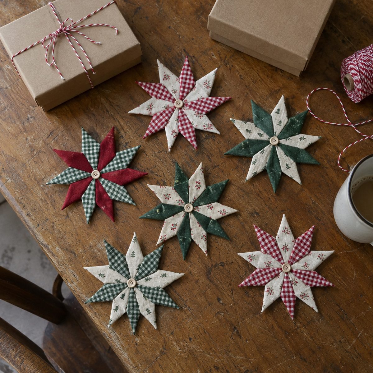 A pile of finished folded fabric star ornaments on a table, two tied onto wrapped gift boxes