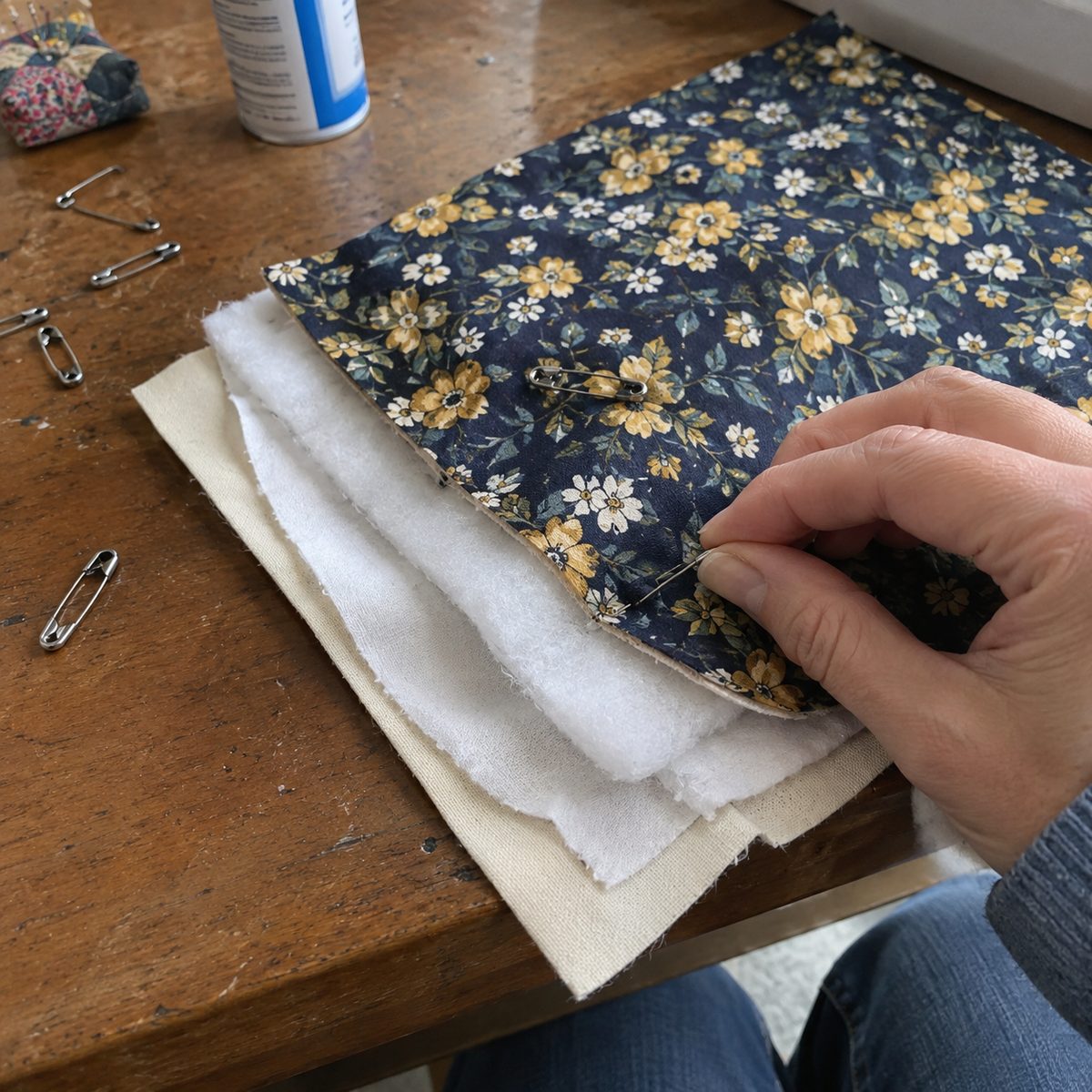 Layering backing, Insul-Bright, cotton batting and top for a quilted pot holder