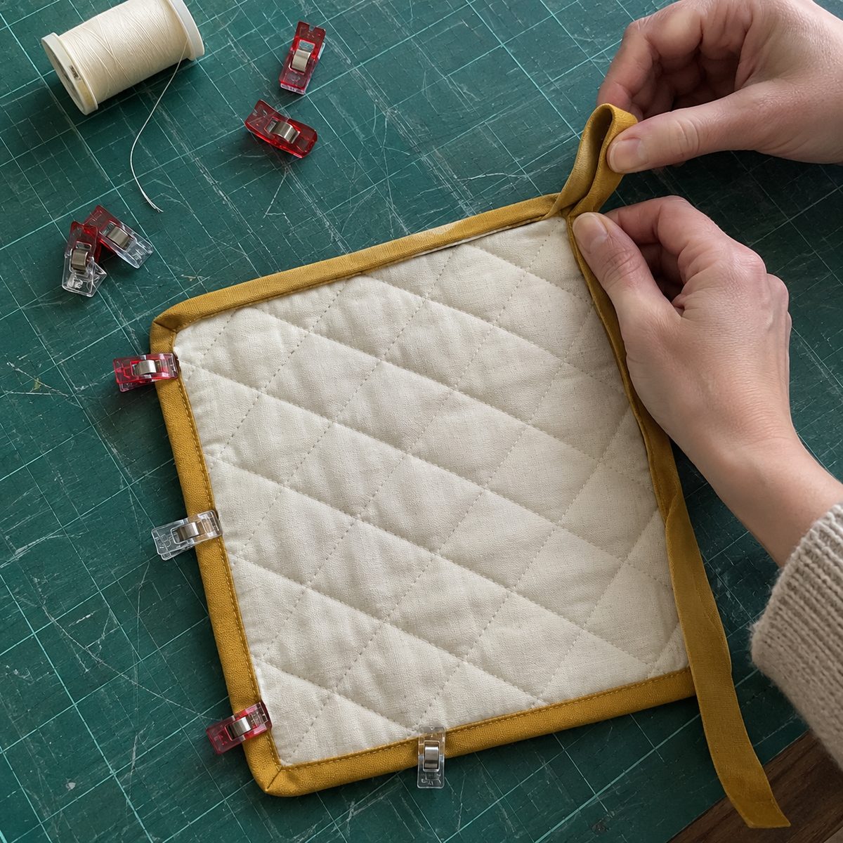 Forming the hanging loop from the binding tail on the back of a quilted pot holder