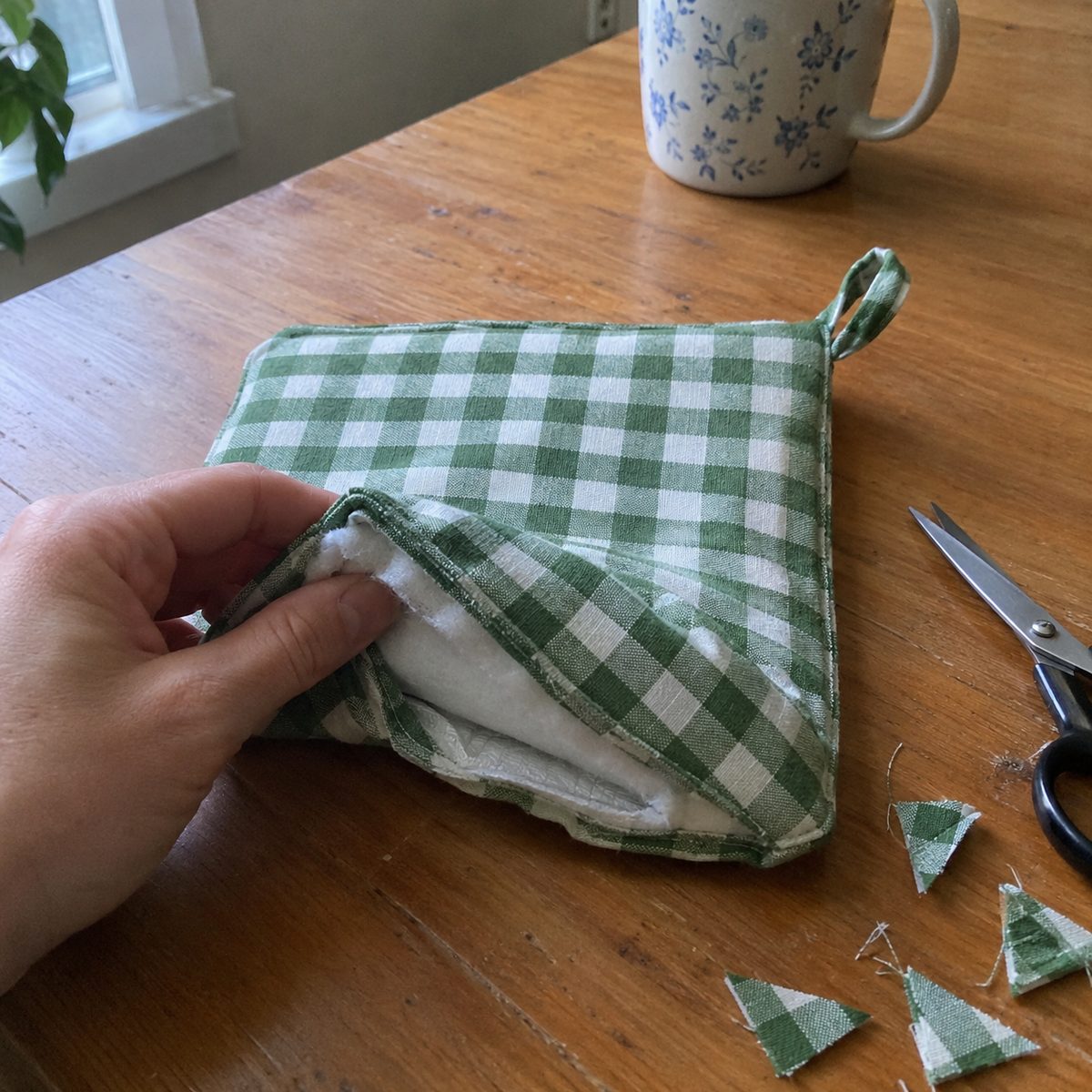 Turning a turn-and-topstitch pot holder right side out through the gap in the seam
