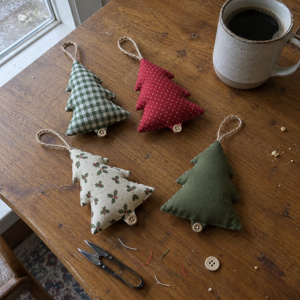 Four finished stuffed fabric tree ornaments laid on a kitchen table