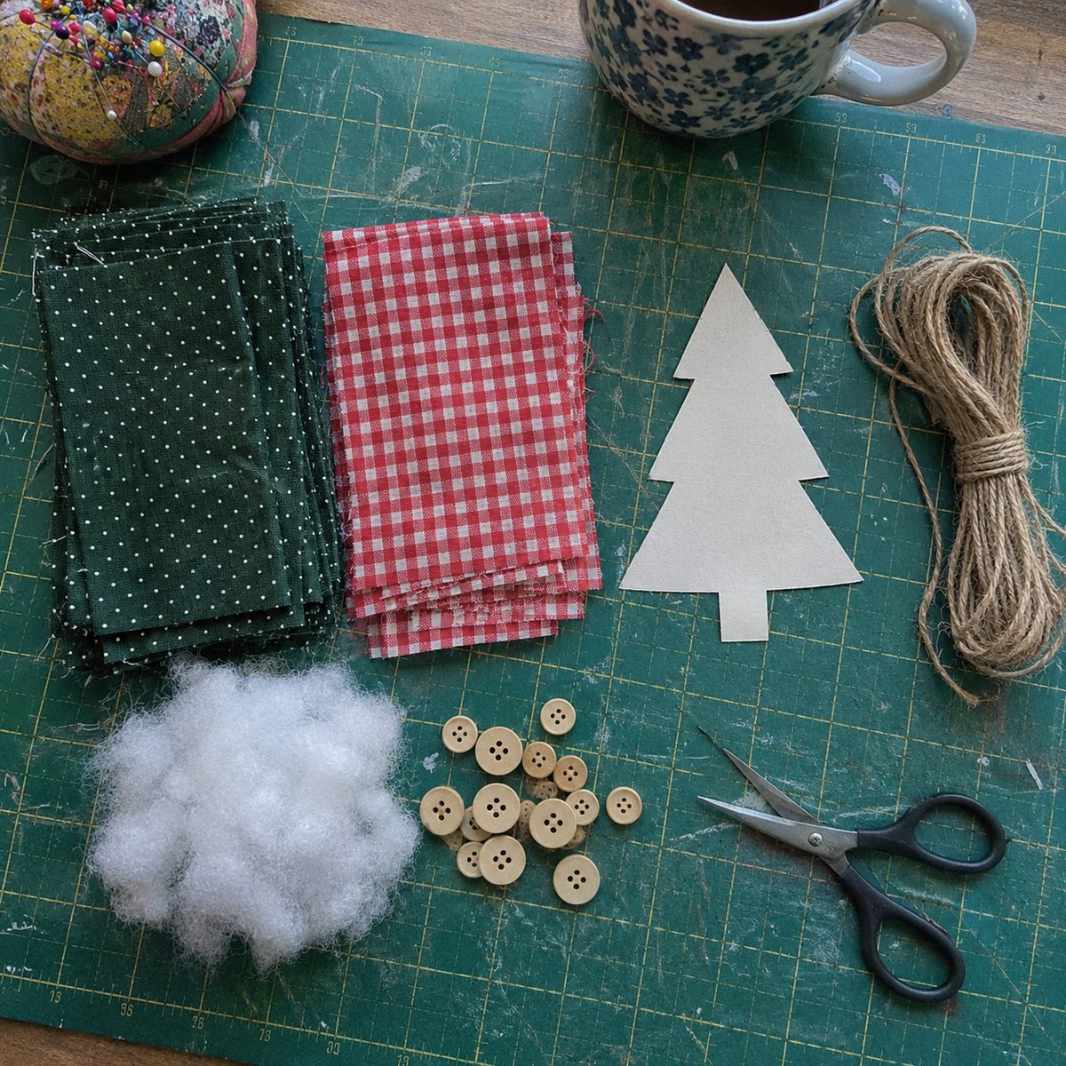 Cotton rectangles, cardstock tree template, twine, stuffing, and buttons laid out on a cutting mat