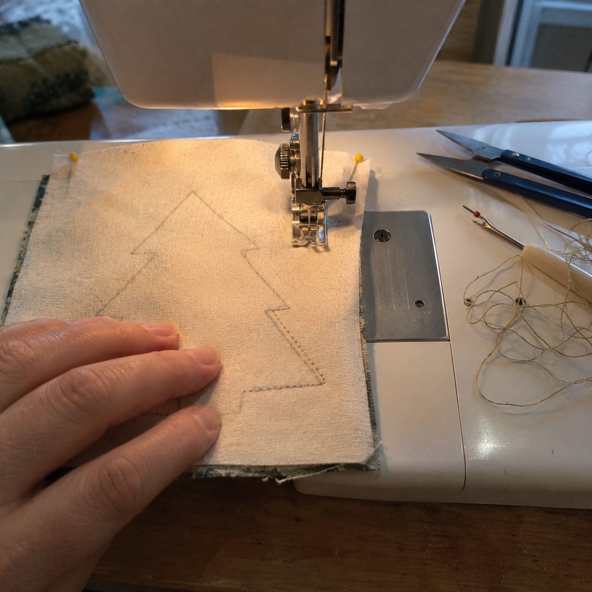 Sewing on the traced tree outline through two layers of cotton