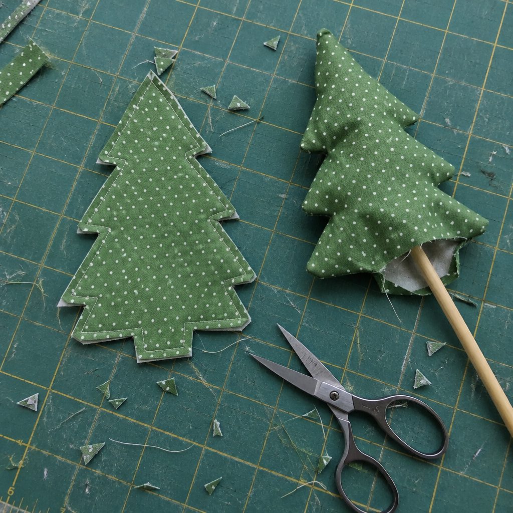 Trimmed and clipped tree shape next to a second tree being turned with a chopstick