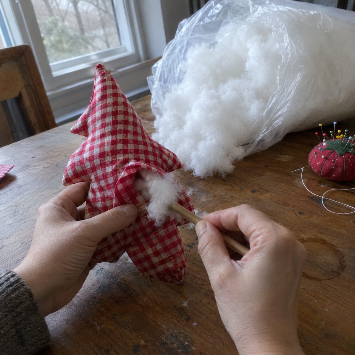 Stuffing a fabric tree ornament through the side opening with a chopstick