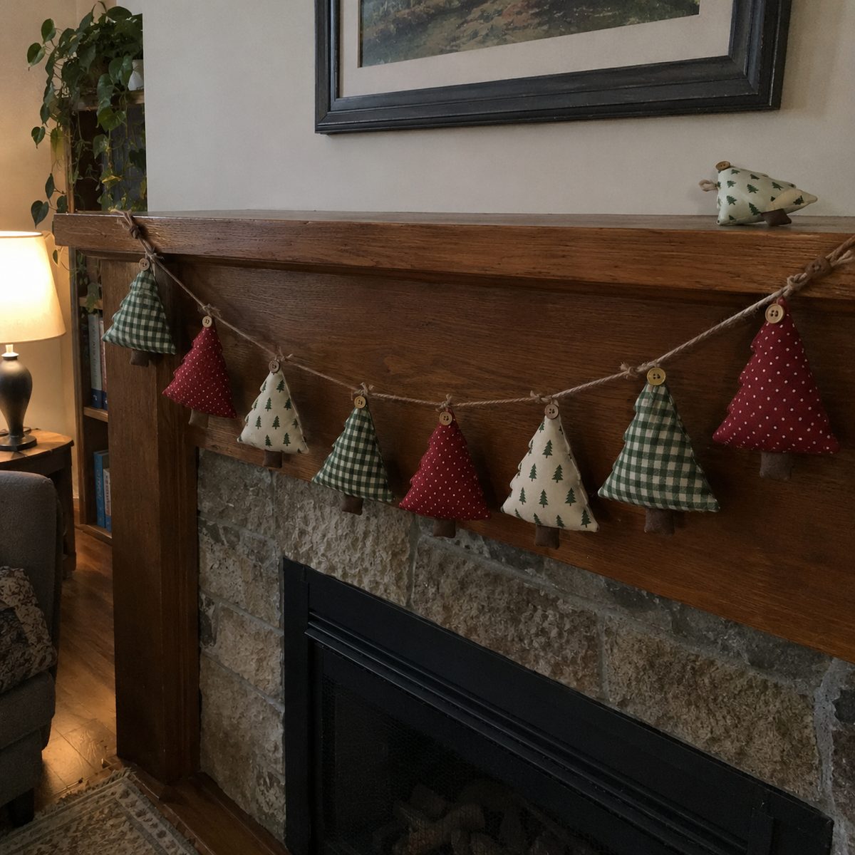 Garland of eight stuffed fabric tree ornaments strung on twine along a mantel