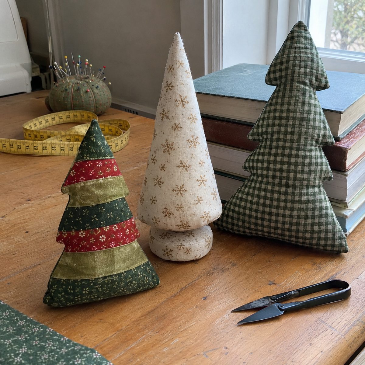 Patchwork tree, cone tree, and a large tabletop fabric tree together on a sewing table